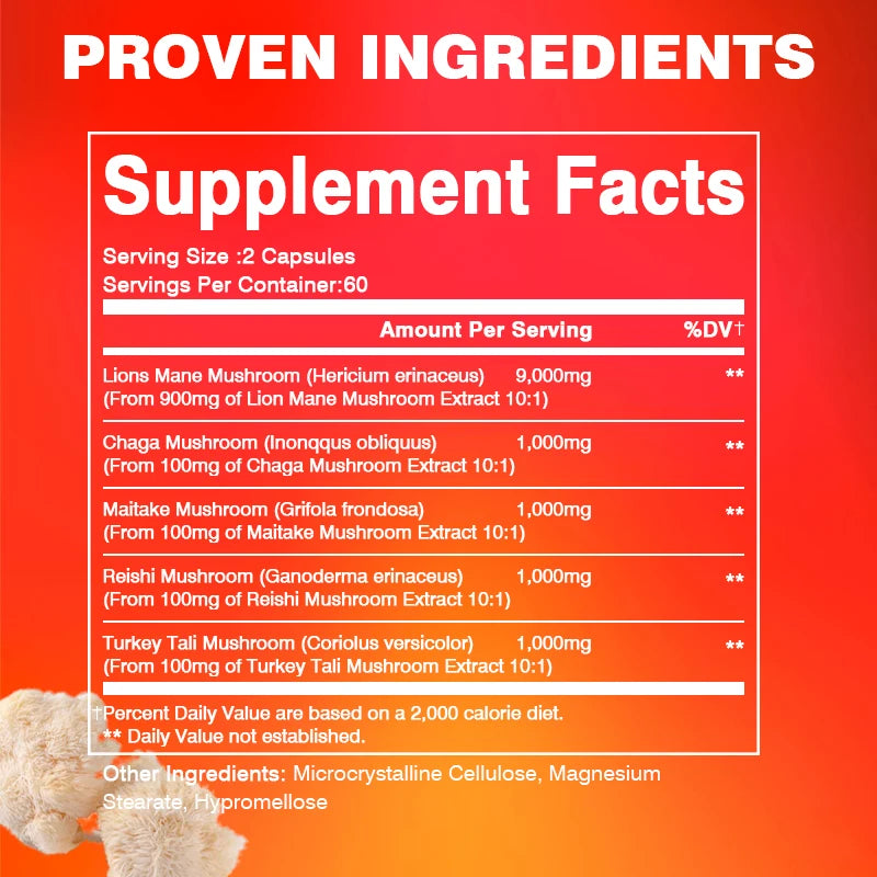 Lion's Mane Mushroom Capsules - Improves Brain Function, Improves Memory and Concentration, and Relieves Stress