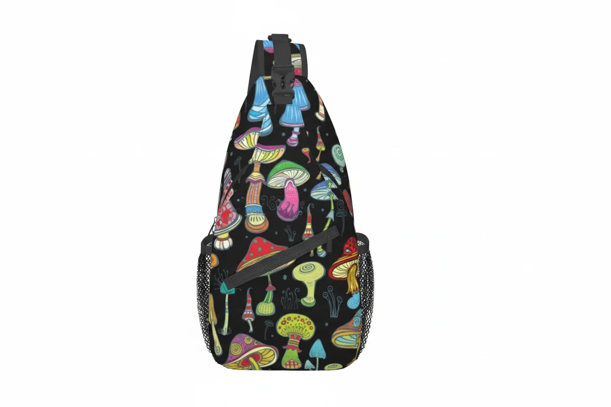 Naser’s Shroom Sack.  Colorful Magic Mushroom Casual Crossbody Backpack / Sling Bag.