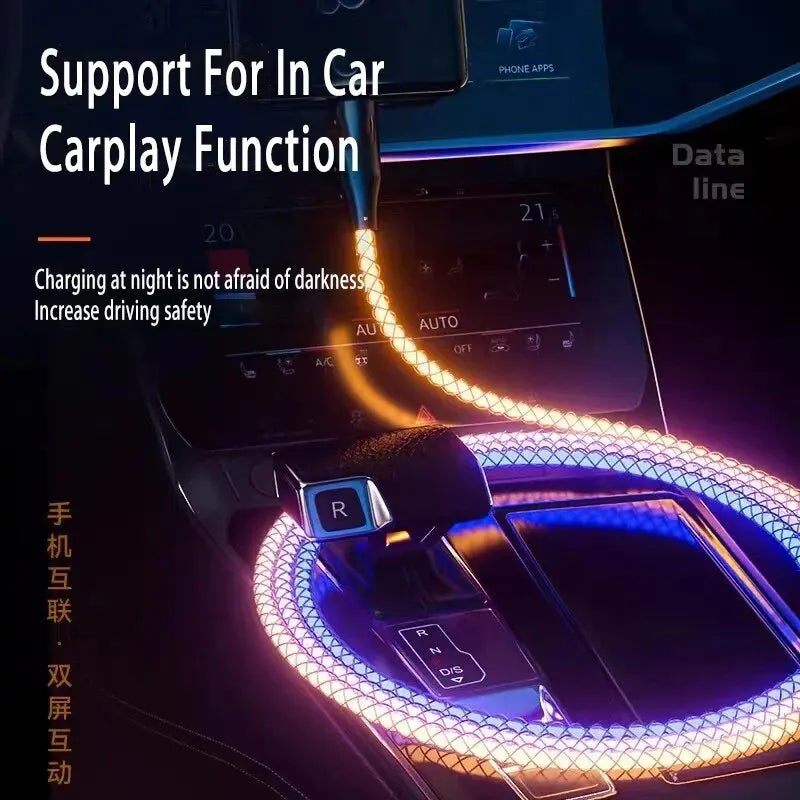 6A Super Fast Charging Colorful Glow Light Data Cable 3 in 1.  USB to Micro USB, Lightning, USBC.  3 feet.