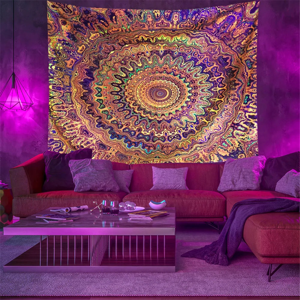 Fluorescent Trippy Namaste Tapestry Collection. Psychedelic Choices.