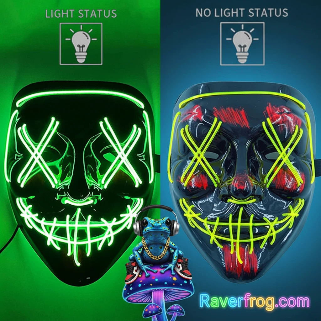 Wireless Neon LED Festival Mask.  **AAA Battery Powered** Wireless Set-Up.  Multi-Mode Options.  18hr Battery Life!