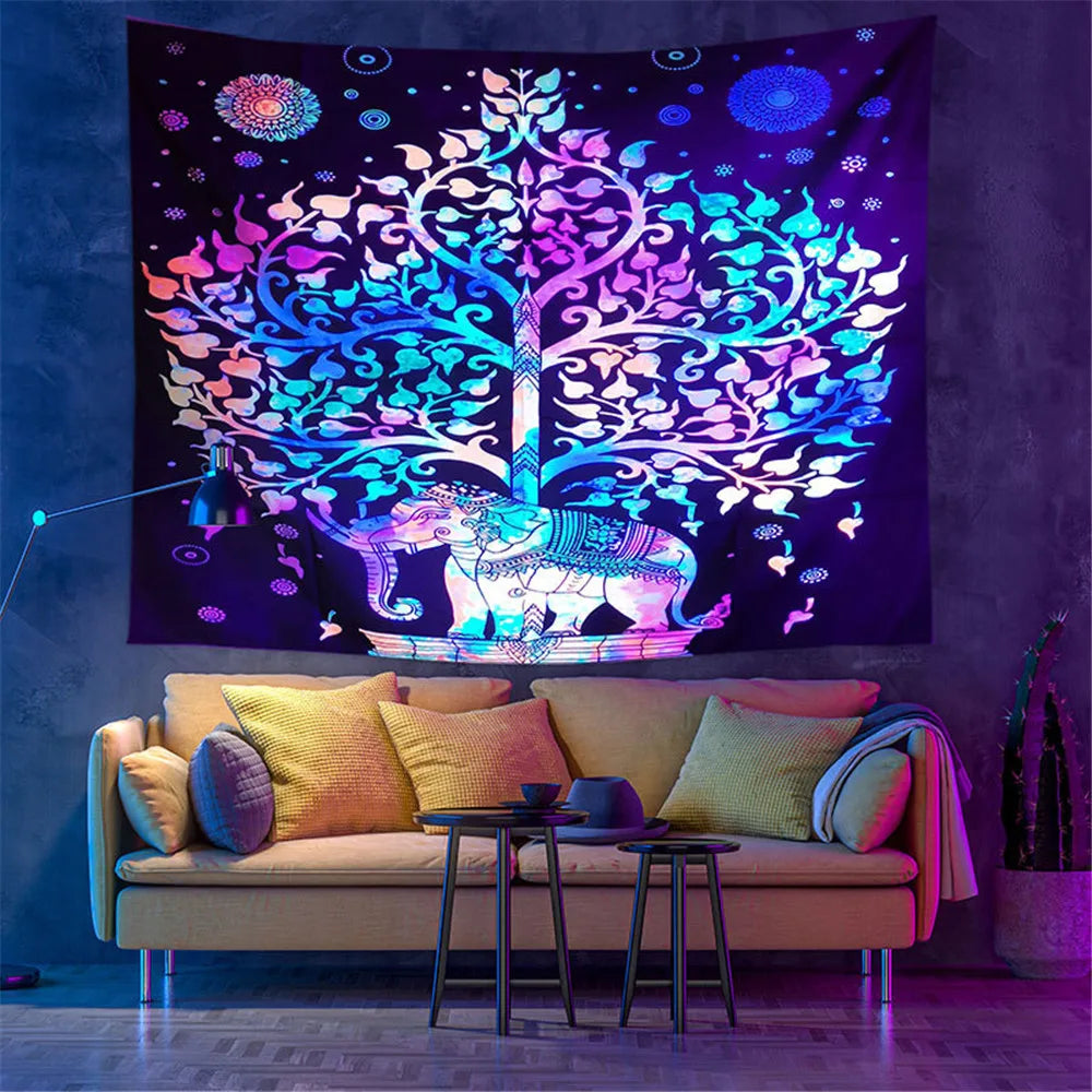 Fluorescent Trippy Namaste Tapestry Collection. Psychedelic Choices.
