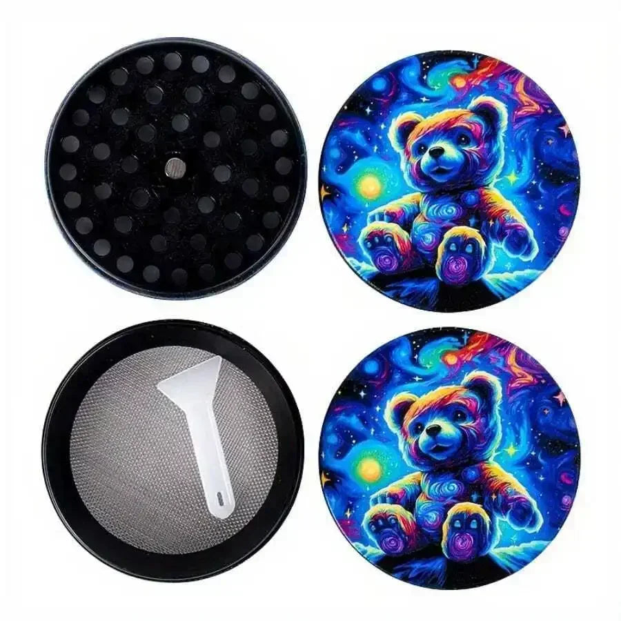 2" Starry Night Neon Teddy Herb Grinder and Rolling Tray + Trimming Scissors + Keefe Scraper+ Pipe Multi-Tool.  100% Discreet Packaging!