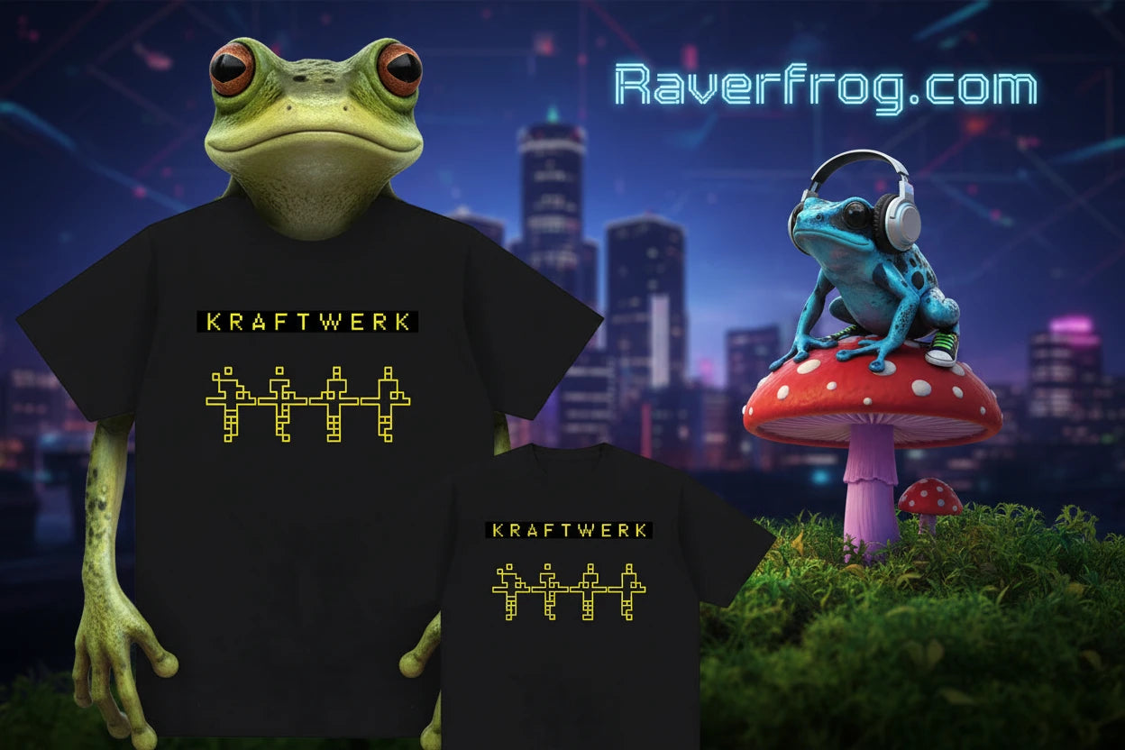 Official Merch - KRAFTWERK 2025 Multimedia Tour - American Tour Location Stops listed on Backside of T-Shirt.