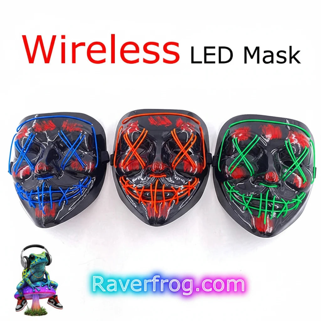 Wireless Neon LED Festival Mask.  **AAA Battery Powered** Wireless Set-Up.  Multi-Mode Options.  18hr Battery Life!