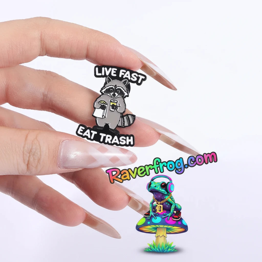 Raccoon “Live Fast East Trash” Enamel Festival Pin.