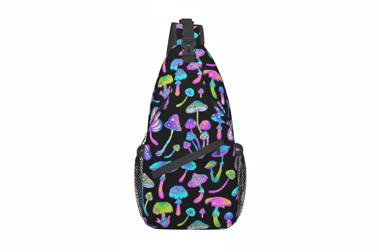 Naser’s Shroom Sack.  Colorful Magic Mushroom Casual Crossbody Backpack / Sling Bag.