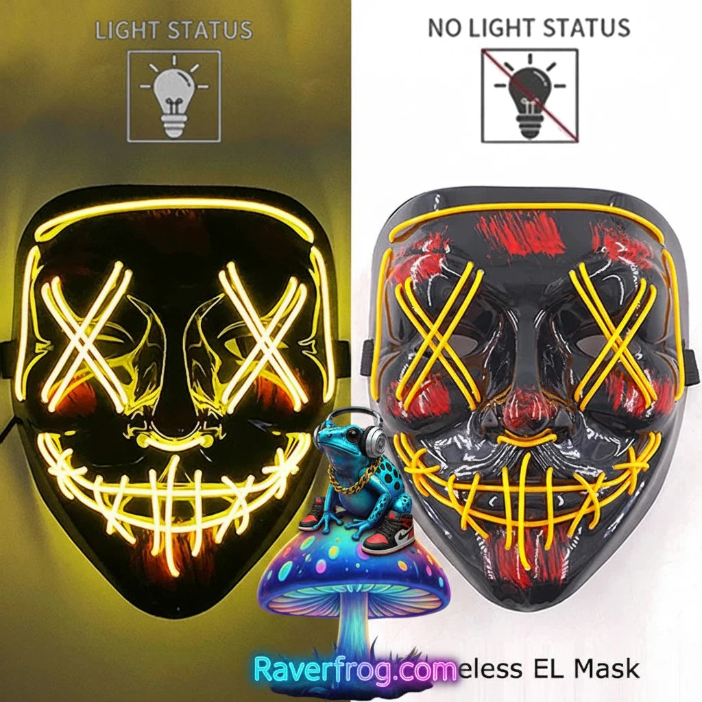 Wireless Neon LED Festival Mask.  **AAA Battery Powered** Wireless Set-Up.  Multi-Mode Options.  18hr Battery Life!