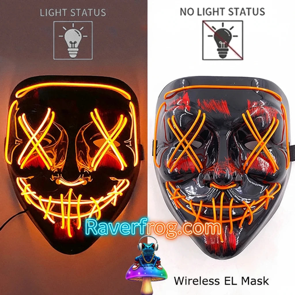 Wireless Neon LED Festival Mask.  **AAA Battery Powered** Wireless Set-Up.  Multi-Mode Options.  18hr Battery Life!