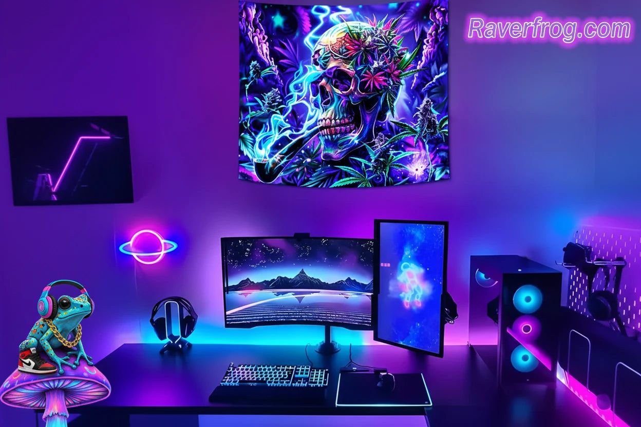 HD Sativa Skull Premium Wall Tapestry.  UV / Blacklight Reactive.