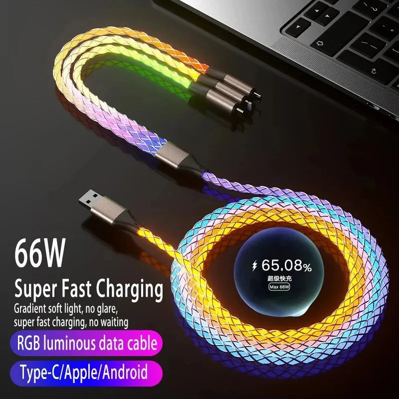 6A Super Fast Charging Colorful Glow Light Data Cable 3 in 1.  USB to Micro USB, Lightning, USBC.  3 feet.