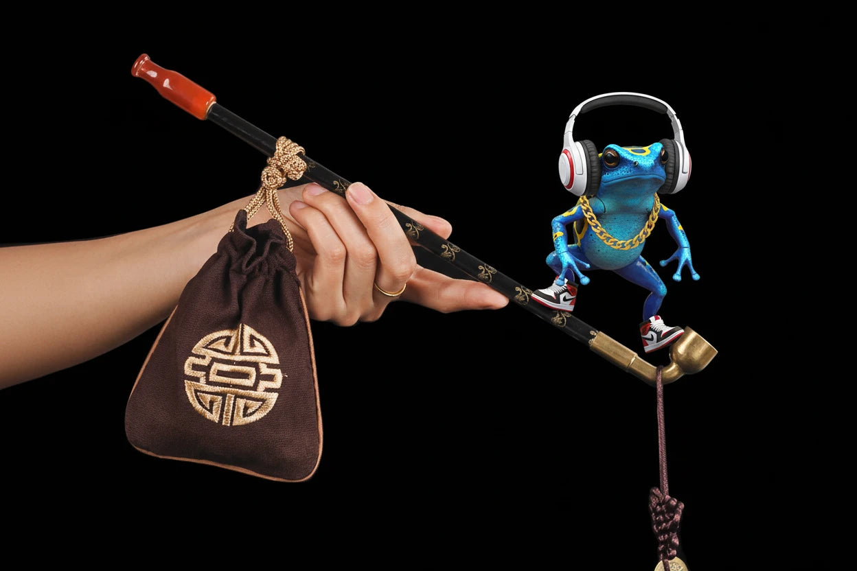 Premium Red Jade Chinese Long Stem Vintage Smoking Pipes With Tobacco bag S/M/L/XL🌸🌺 - Matching Leather Satchel in Raverfrog “Backpacks”