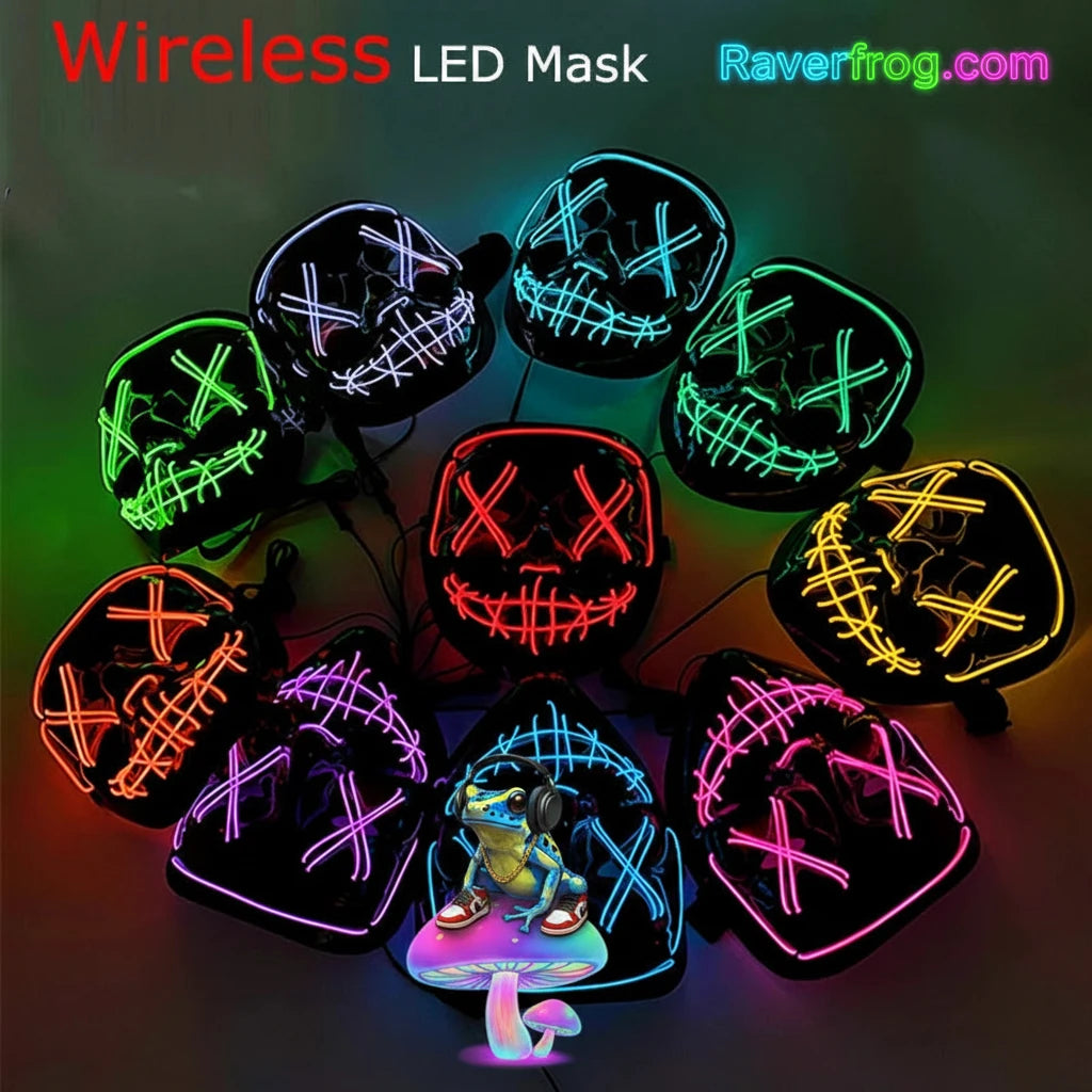 Wireless Neon LED Festival Mask.  **AAA Battery Powered** Wireless Set-Up.  Multi-Mode Options.  18hr Battery Life!