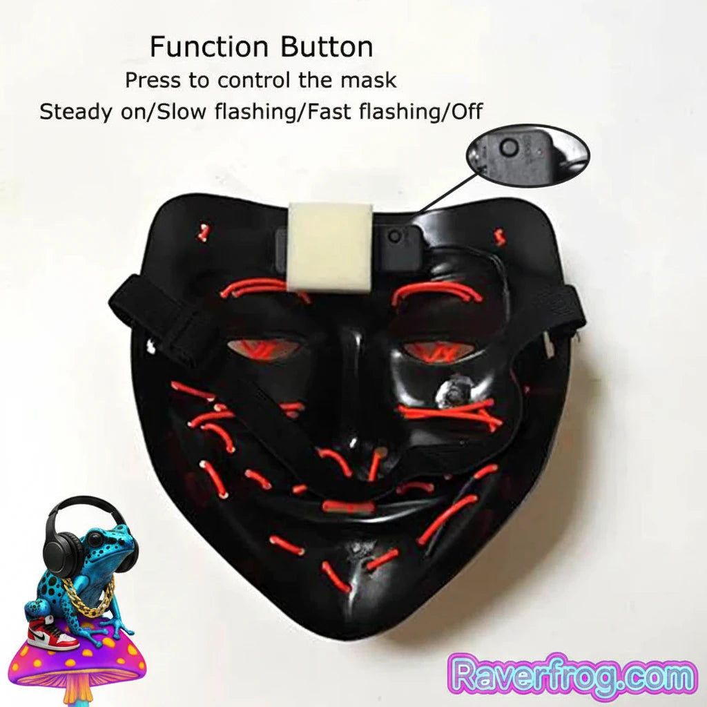 Wireless Neon LED Festival Mask.  **AAA Battery Powered** Wireless Set-Up.  Multi-Mode Options.  18hr Battery Life!