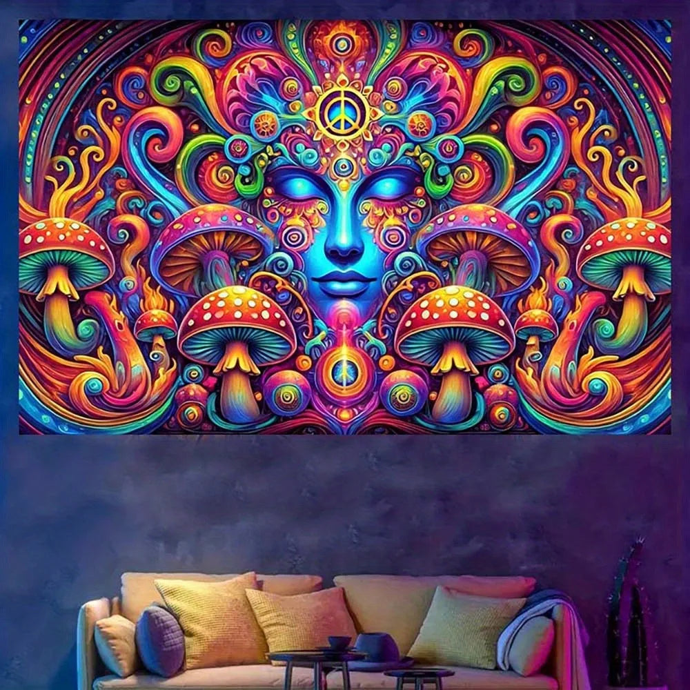 Trippy UV Mushroom Mandala Tapestry: Psychedelic Artistry.  Great Quality.