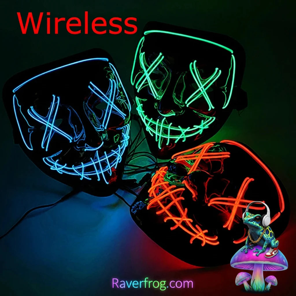 Wireless Neon LED Festival Mask.  **AAA Battery Powered** Wireless Set-Up.  Multi-Mode Options.  18hr Battery Life!