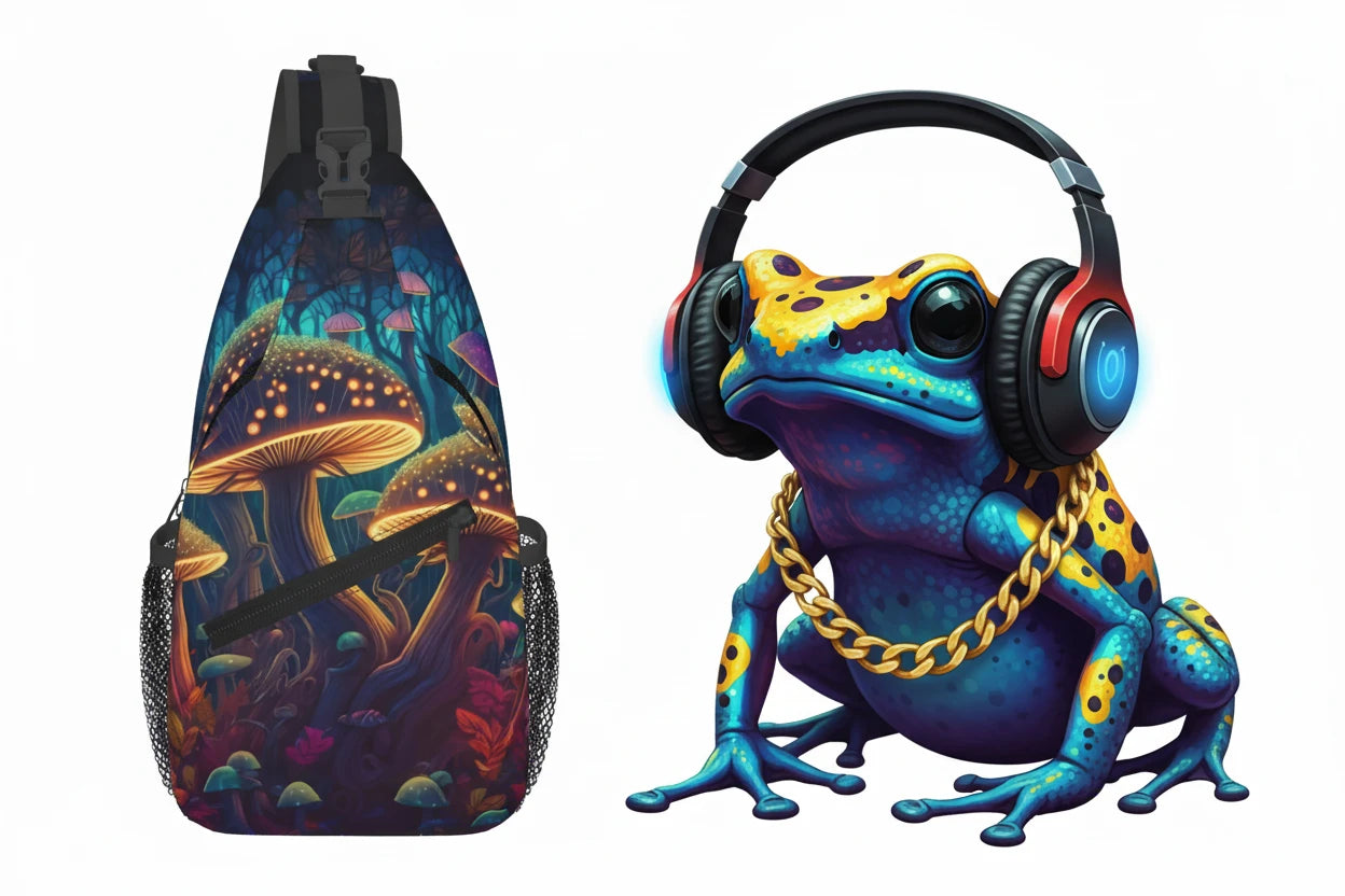 Naser’s Shroom Sack.  Colorful Magic Mushroom Casual Crossbody Backpack / Sling Bag.