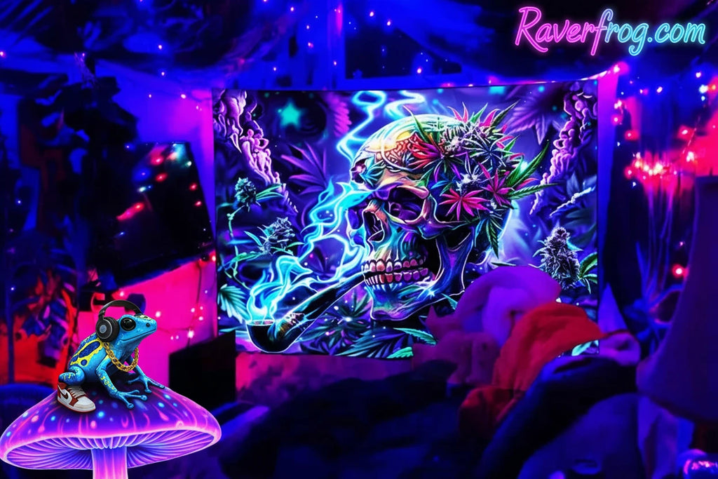 HD Sativa Skull Premium Wall Tapestry.  UV / Blacklight Reactive.