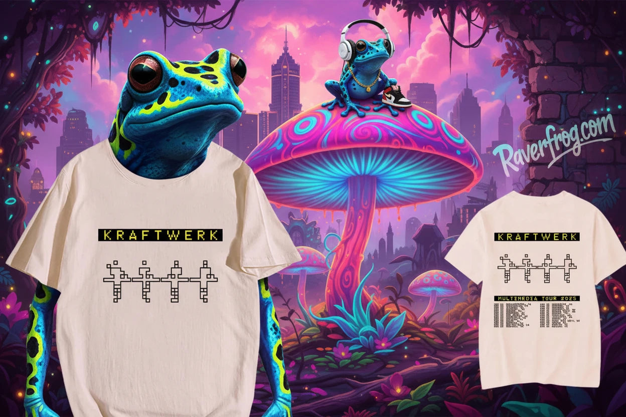 Official Merch - KRAFTWERK 2025 Multimedia Tour - American Tour Location Stops listed on Backside of T-Shirt.