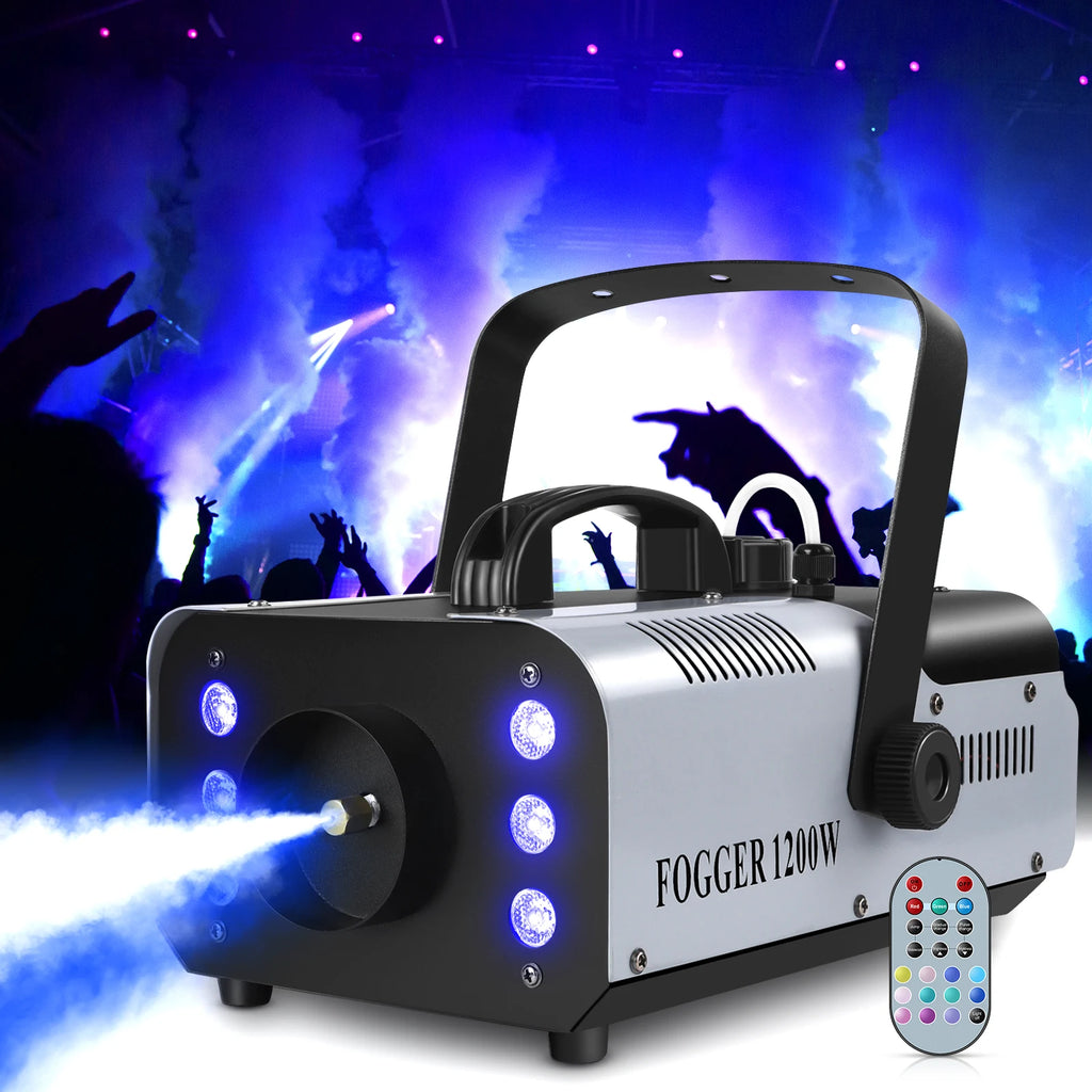 Fieryzeal 1200W Professional Fog / Smoke Machine.  Remote controlled, with 6 LED Color Changing Lights.  DJ Frogs all in one.