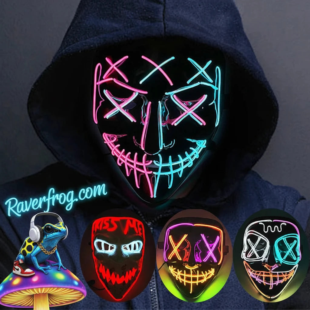 Wireless Neon LED Festival Mask.  **AAA Battery Powered** Wireless Set-Up.  Multi-Mode Options.  18hr Battery Life!