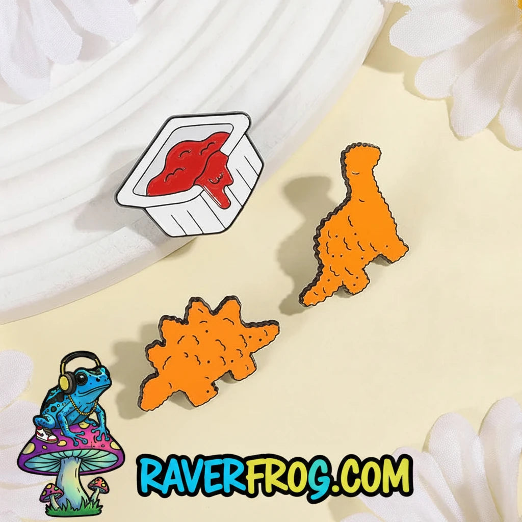 Dinosaur Nuggets / Dipping Sauce Festival Enamel Pins!  Brachiosaurus, Stegosaurus and Ketchup all sold separately - or - sold together as a Righteous Value Meal 🐸
