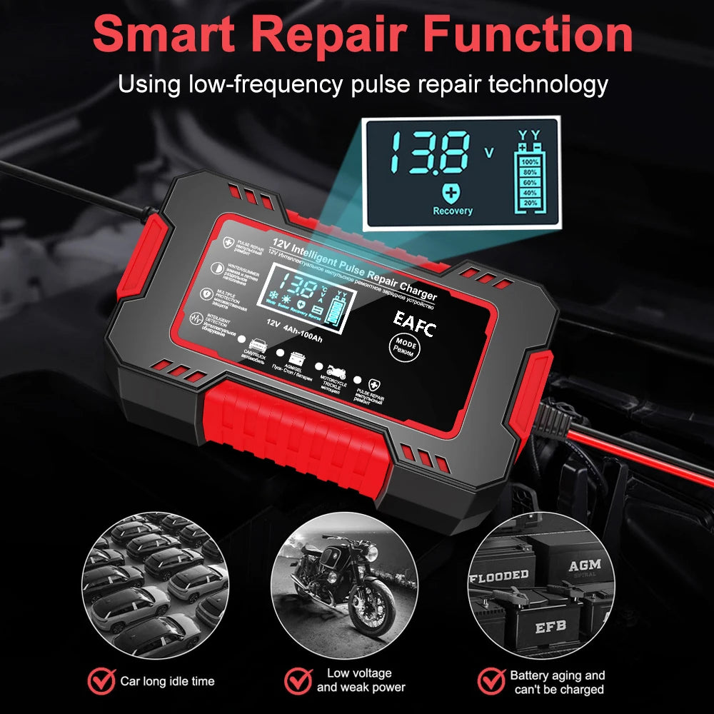 Car Battery Charger 12V 6A Pulse Repair LCD Display Smart Fast Charge / Start for Car / Motorcycle.