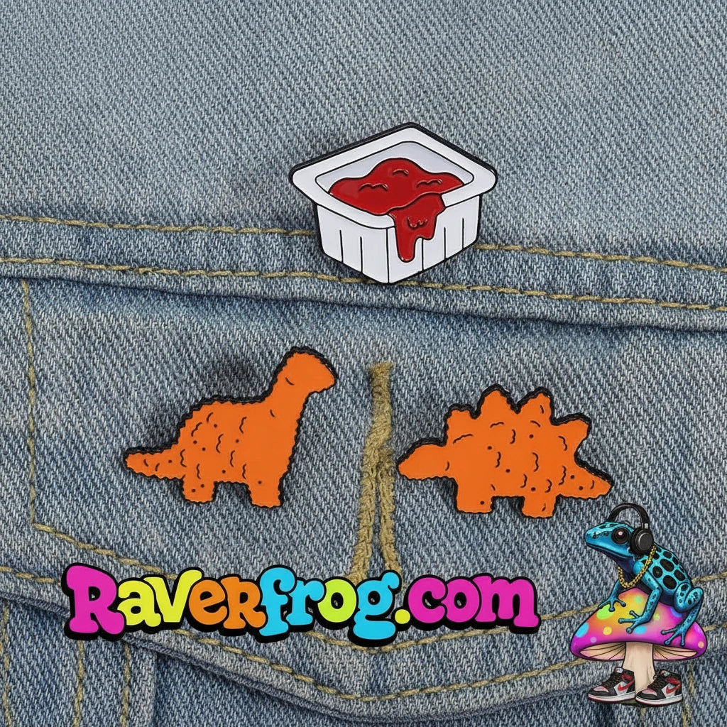 Dinosaur Nuggets / Dipping Sauce Festival Enamel Pins!  Brachiosaurus, Stegosaurus and Ketchup all sold separately - or - sold together as a Righteous Value Meal 🐸