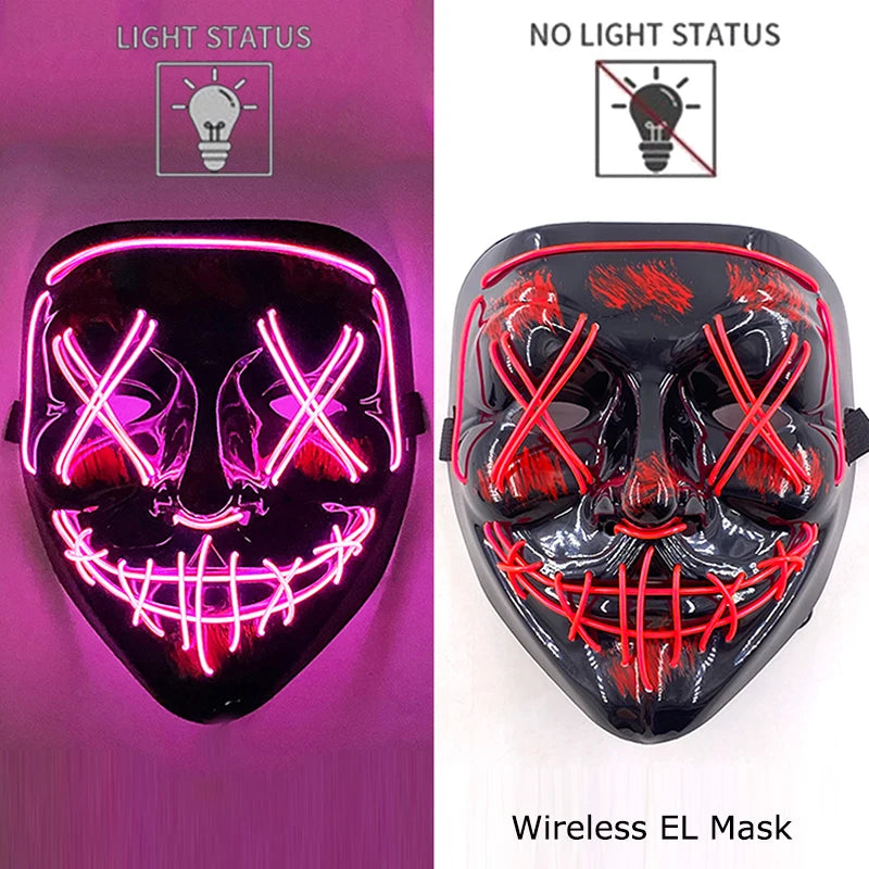 Wireless Neon LED Festival Mask.  **AAA Battery Powered** Wireless Set-Up.  Multi-Mode Options.  18hr Battery Life!