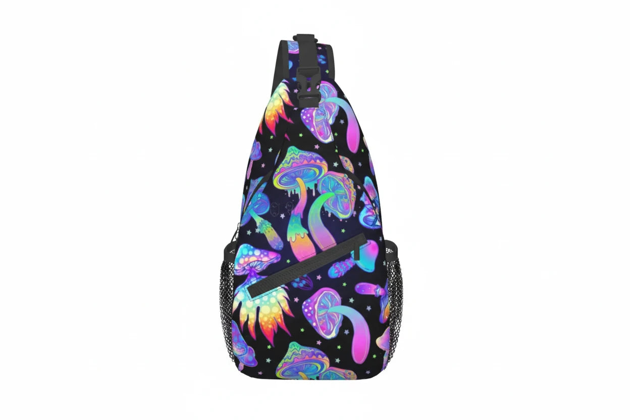 Naser’s Shroom Sack.  Colorful Magic Mushroom Casual Crossbody Backpack / Sling Bag.