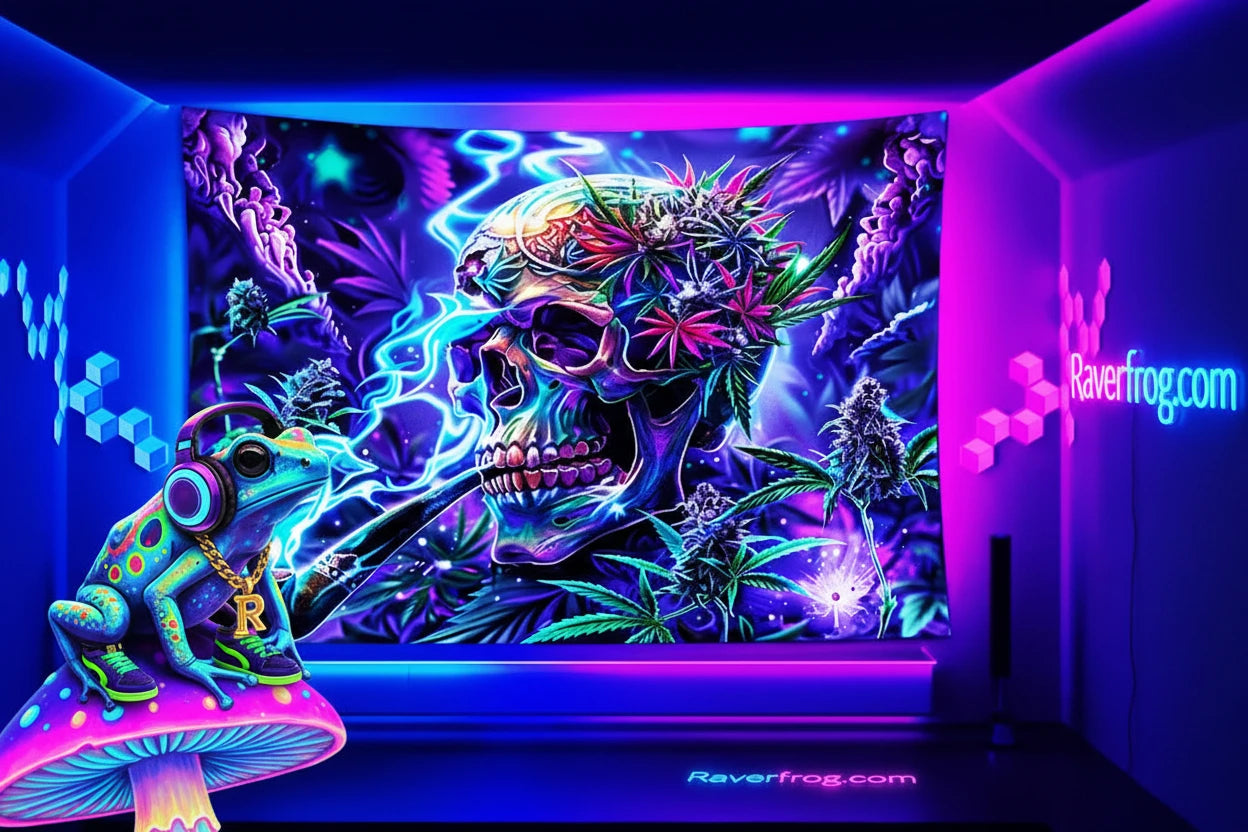 HD Sativa Skull Premium Wall Tapestry.  UV / Blacklight Reactive.