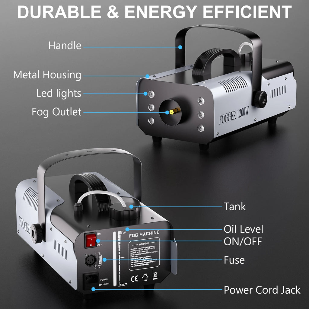 Fieryzeal 1200W Professional Fog / Smoke Machine.  Remote controlled, with 6 LED Color Changing Lights.  DJ Frogs all in one.
