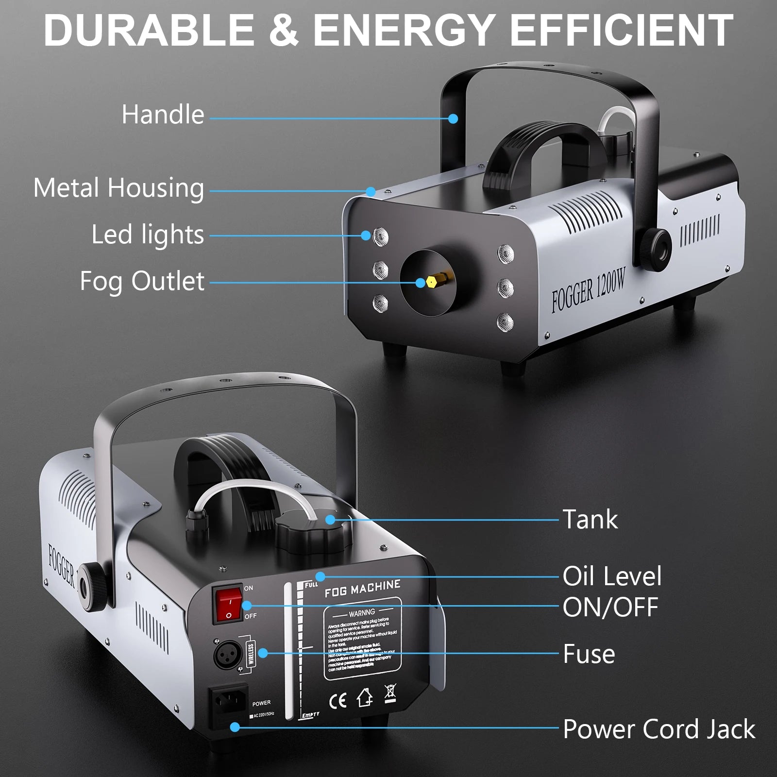 Fieryzeal 1200W Professional Fog / Smoke Machine.  Remote controlled, with 6 LED Color Changing Lights.  DJ Frogs all in one.