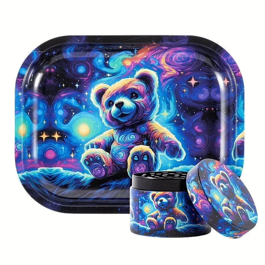2" Starry Night Neon Teddy Herb Grinder and Rolling Tray + Trimming Scissors + Keefe Scraper+ Pipe Multi-Tool.  100% Discreet Packaging!