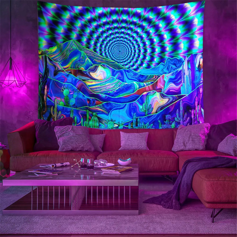 Fluorescent Trippy Namaste Tapestry Collection. Psychedelic Choices.