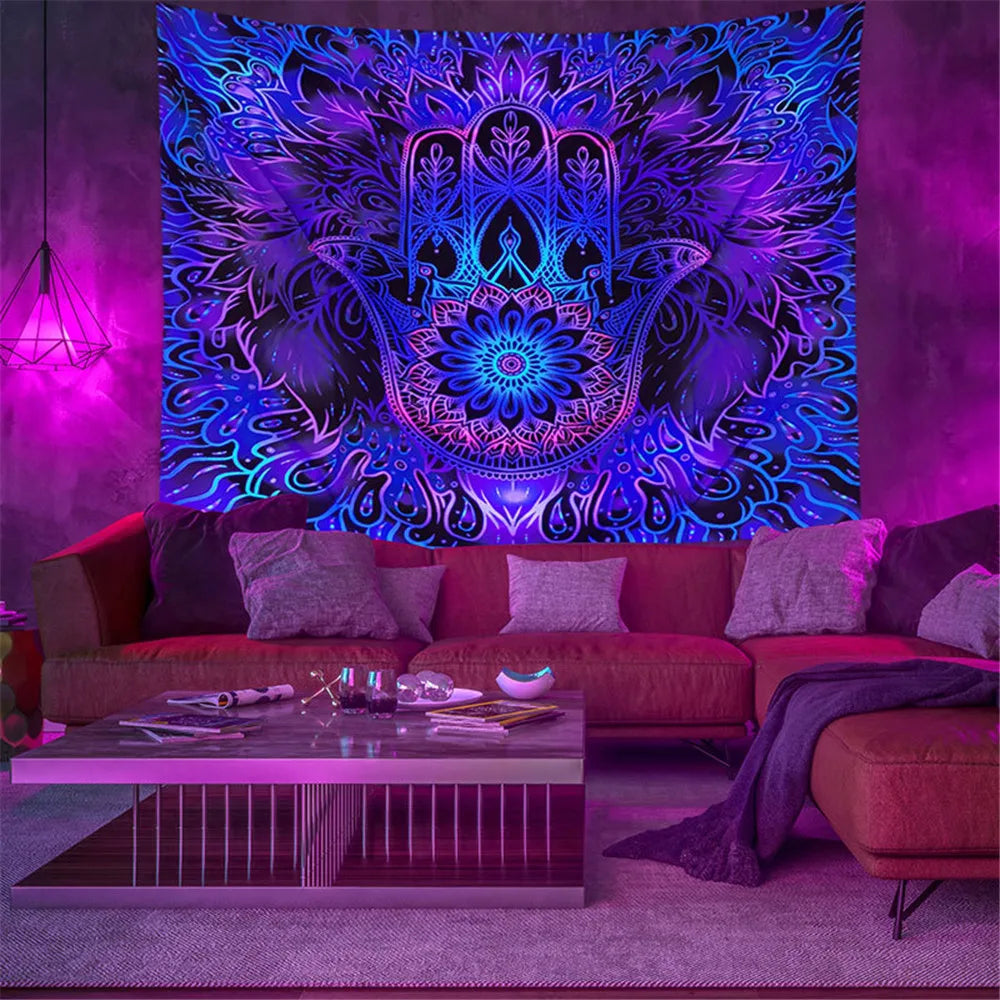 Fluorescent Trippy Namaste Tapestry Collection. Psychedelic Choices.