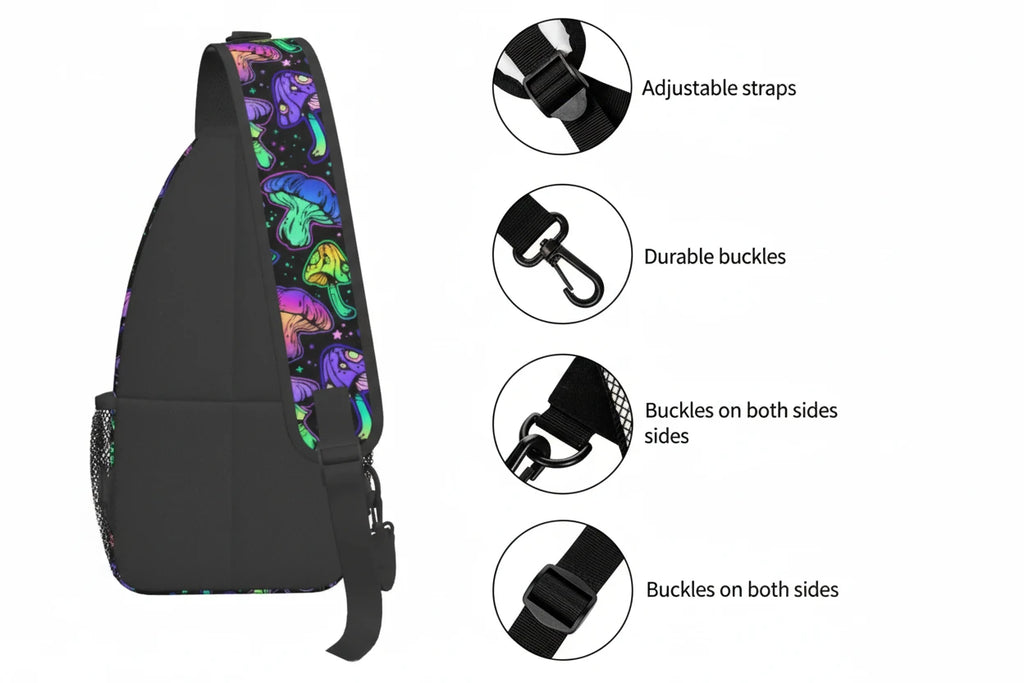 Naser’s Shroom Sack.  Colorful Magic Mushroom Casual Crossbody Backpack / Sling Bag.