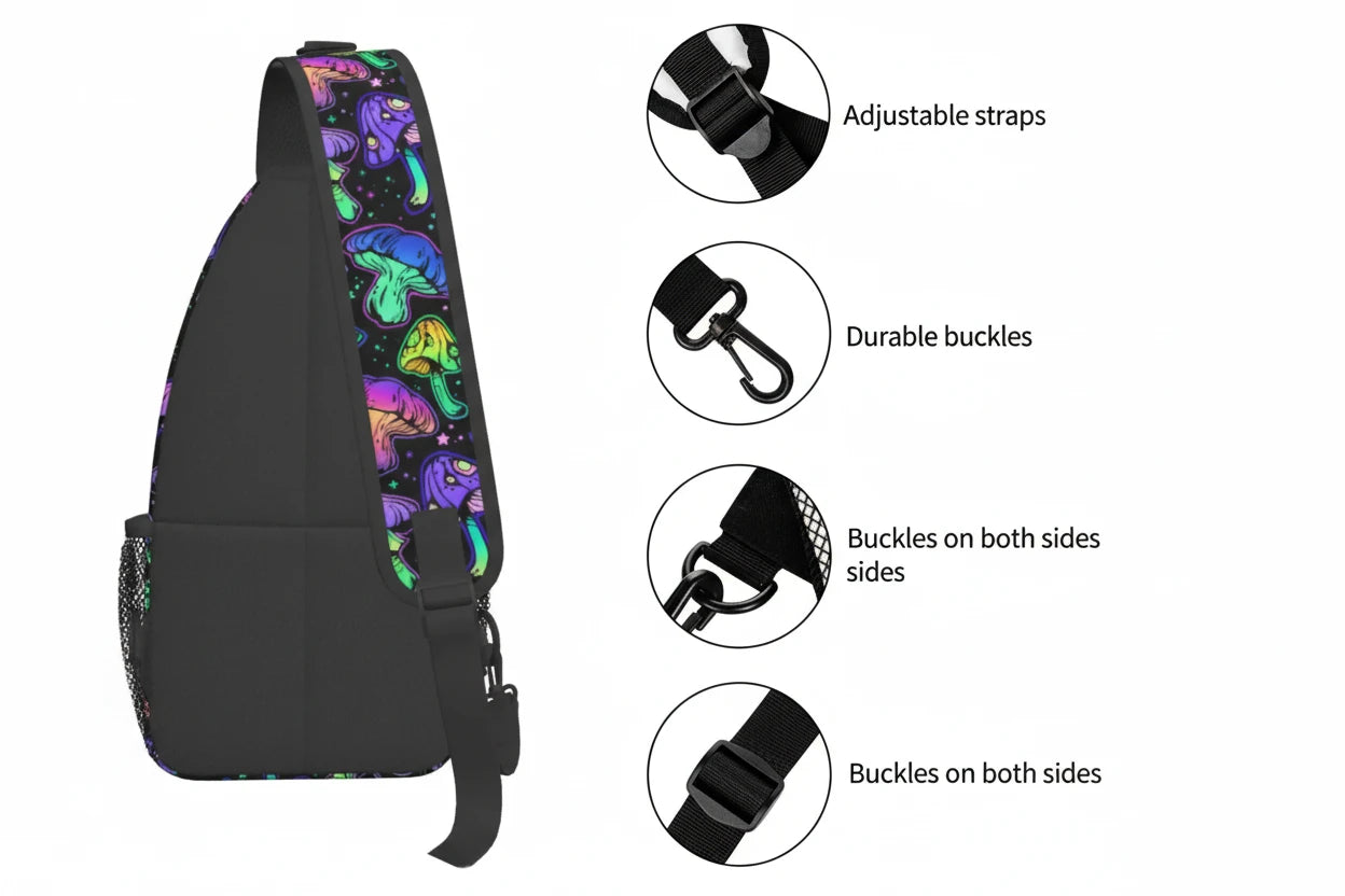 Naser’s Shroom Sack.  Colorful Magic Mushroom Casual Crossbody Backpack / Sling Bag.