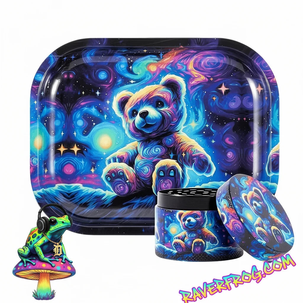 2" Starry Night Neon Teddy Herb Grinder and Rolling Tray + Trimming Scissors + Keefe Scraper+ Pipe Multi-Tool.  100% Discreet Packaging!
