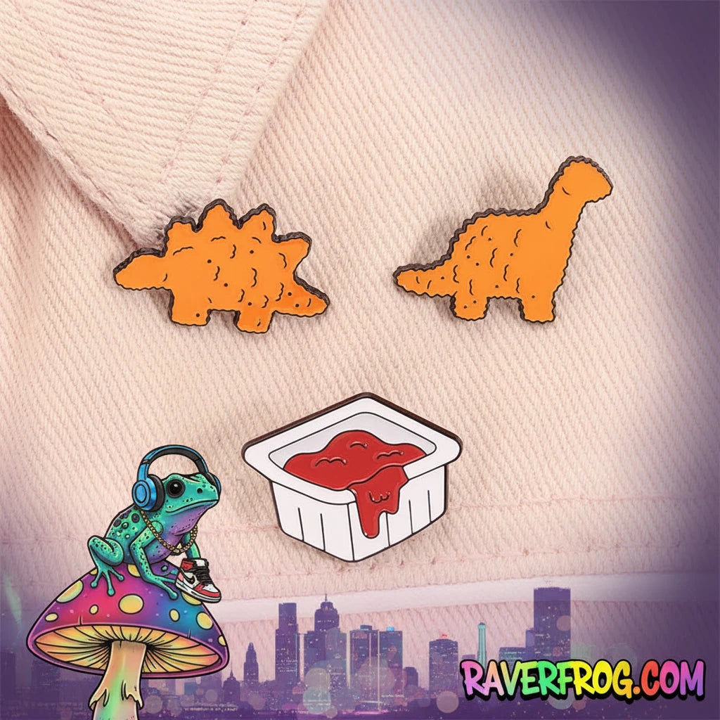 Dinosaur Nuggets / Dipping Sauce Festival Enamel Pins!  Brachiosaurus, Stegosaurus and Ketchup all sold separately - or - sold together as a Righteous Value Meal 🐸
