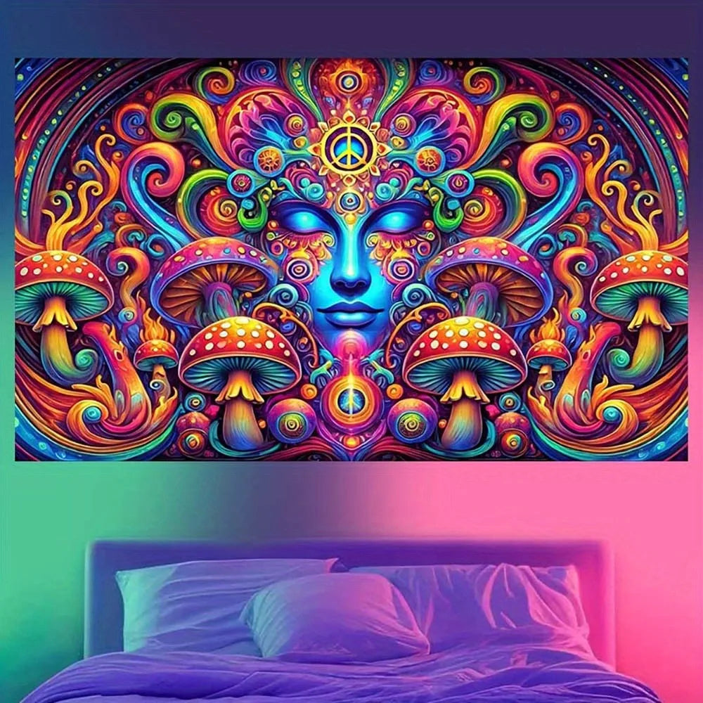 Trippy UV Mushroom Mandala Tapestry: Psychedelic Artistry.  Great Quality.