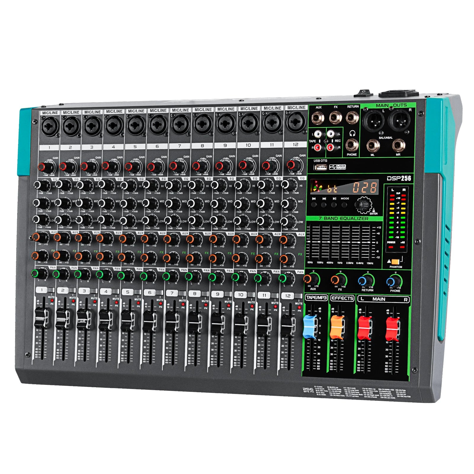 Professional 12 Channel 99 DSP Audio Mixer DJ Controller Reverb Recording Mixing With Bluetooth For Recording Stage Performance.