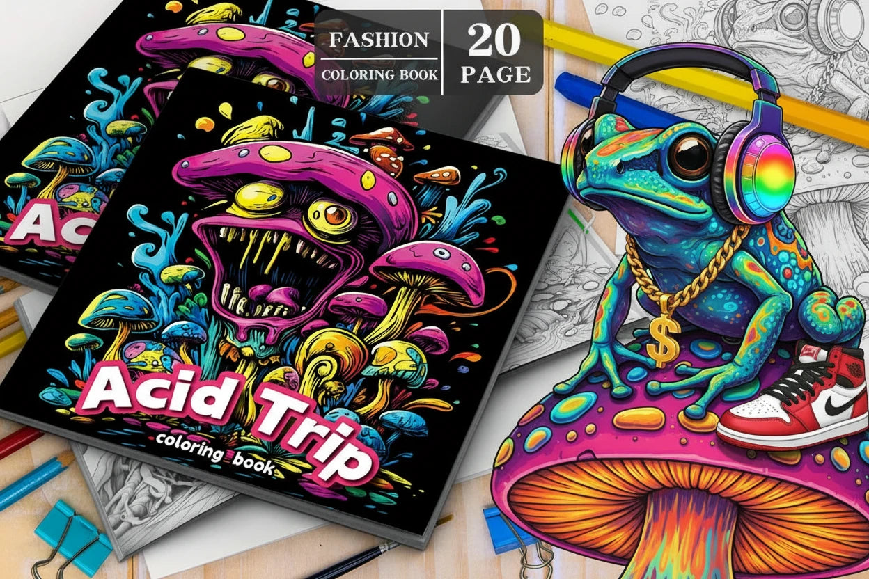 RaverFrog Acid Trip / Mushroom World  Adult Coloring Book.  Original Amazing Art Images.   Bring your Trips a Reality!