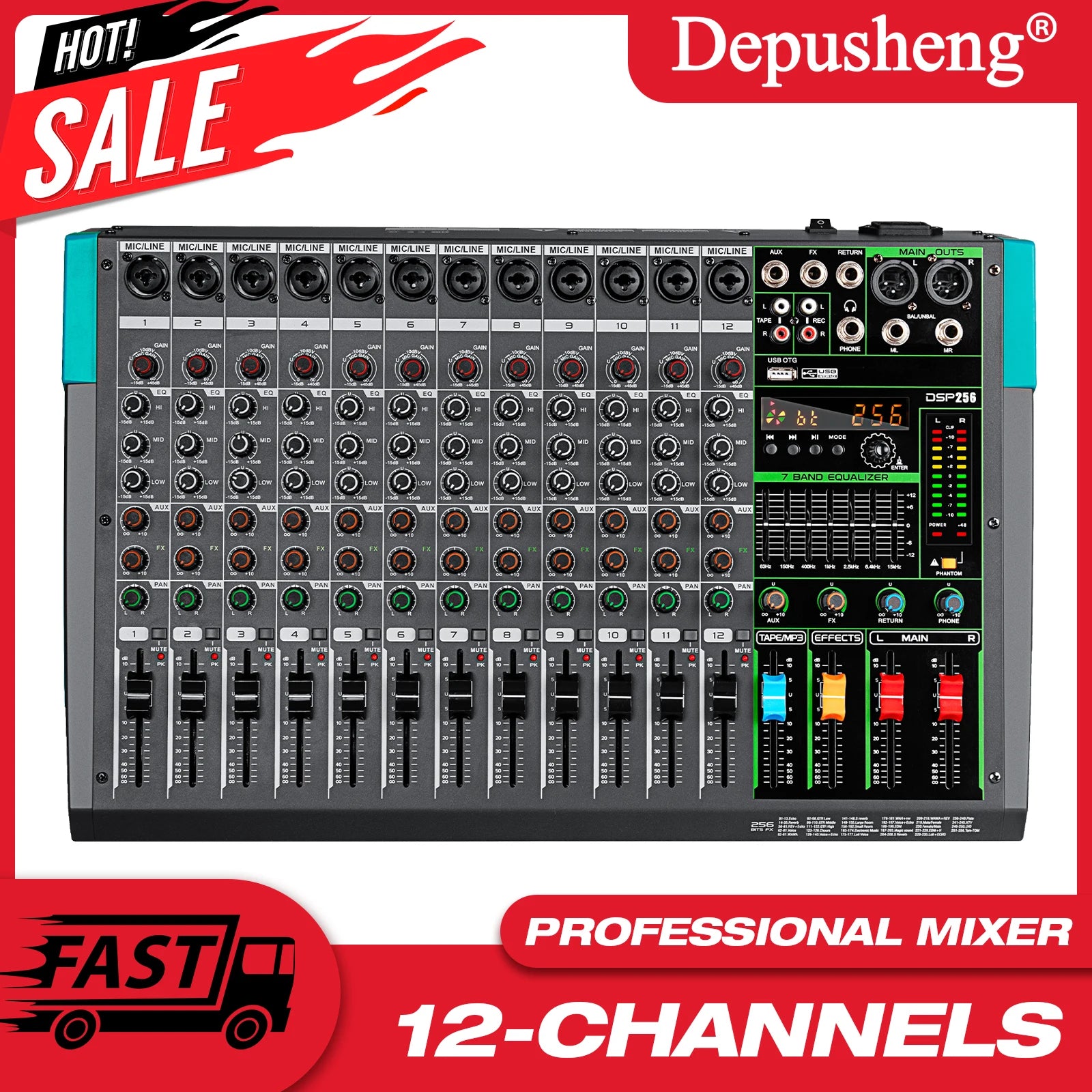 Professional 12 Channel 99 DSP Audio Mixer DJ Controller Reverb Recording Mixing With Bluetooth For Recording Stage Performance.