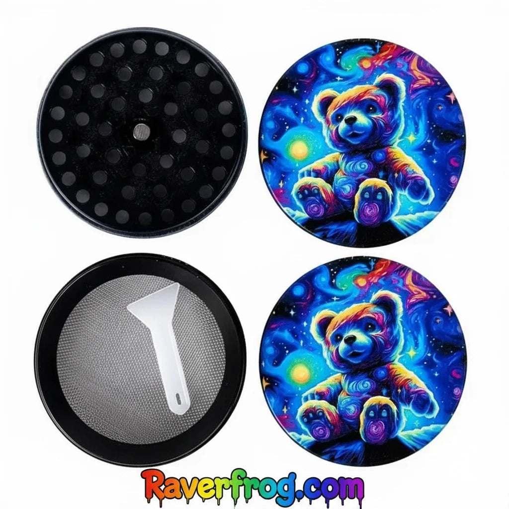 2" Starry Night Neon Teddy Herb Grinder and Rolling Tray + Trimming Scissors + Keefe Scraper+ Pipe Multi-Tool.  100% Discreet Packaging!
