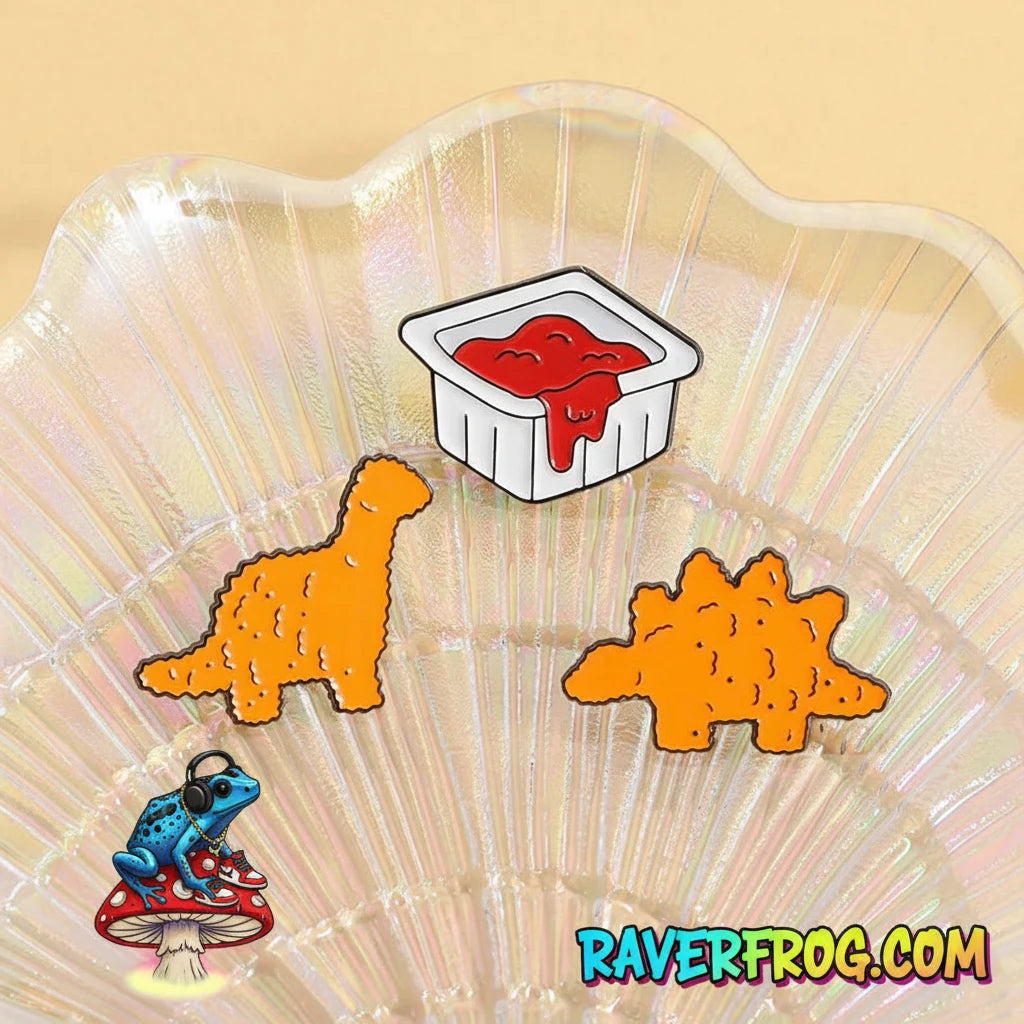 Dinosaur Nuggets / Dipping Sauce Festival Enamel Pins!  Brachiosaurus, Stegosaurus and Ketchup all sold separately - or - sold together as a Righteous Value Meal 🐸