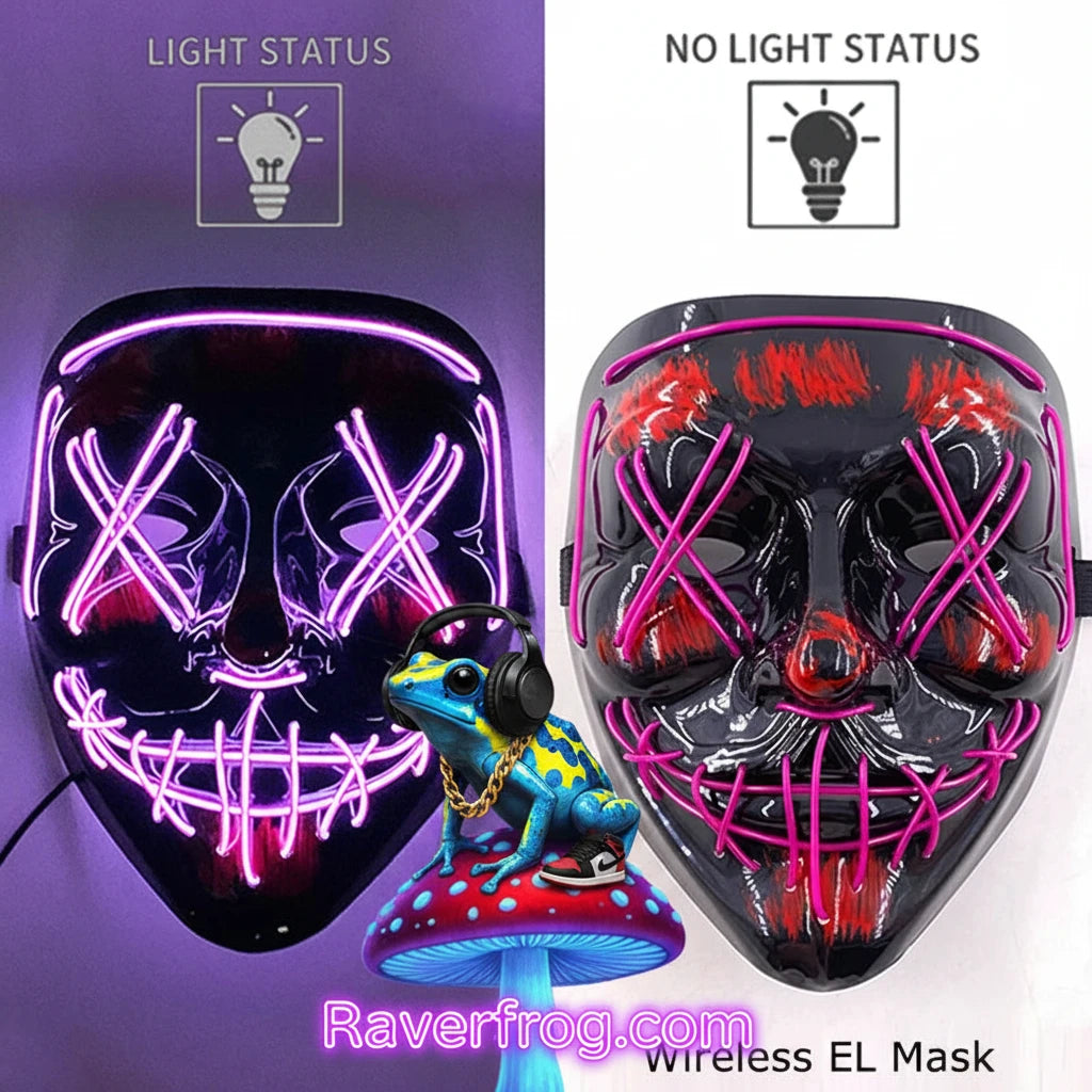 Wireless Neon LED Festival Mask.  **AAA Battery Powered** Wireless Set-Up.  Multi-Mode Options.  18hr Battery Life!