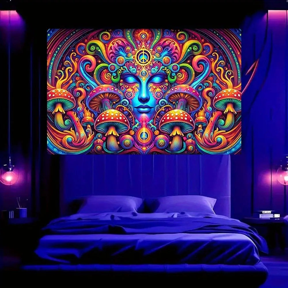 Trippy UV Mushroom Mandala Tapestry: Psychedelic Artistry.  Great Quality.