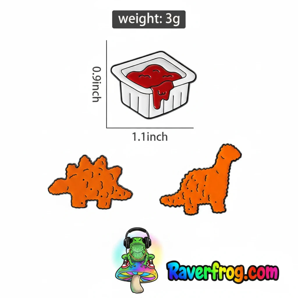 Dinosaur Nuggets / Dipping Sauce Festival Enamel Pins!  Brachiosaurus, Stegosaurus and Ketchup all sold separately - or - sold together as a Righteous Value Meal 🐸