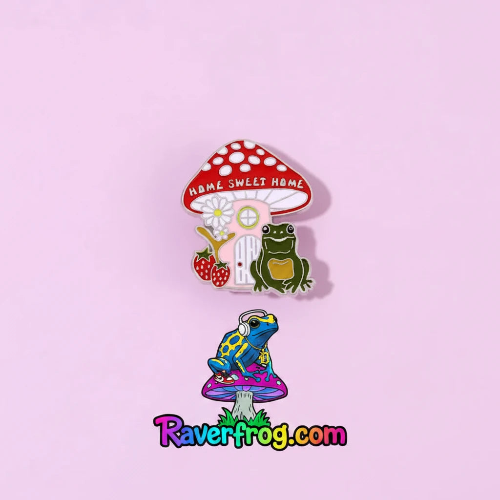 Cute R.F. Mushroom and Frog Home Enamel Pins